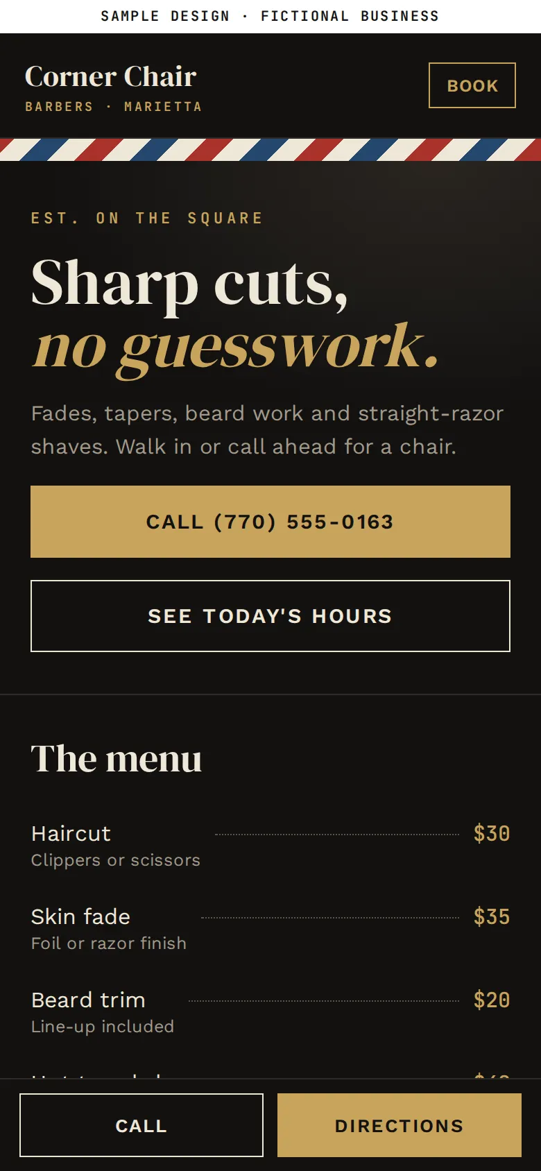 Sample website for a fictional barbershop in black and brass with a barber pole stripe and a price menu.