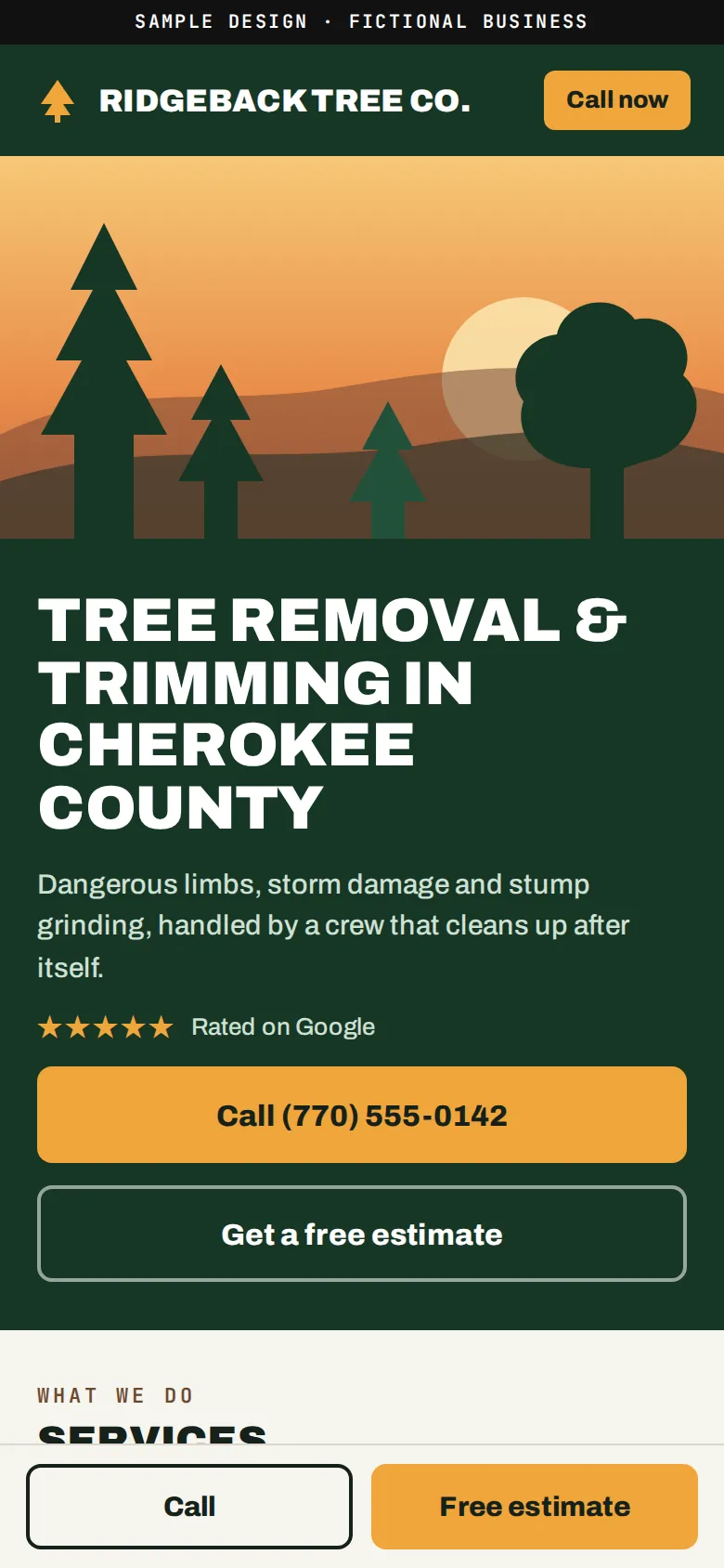 Sample website for a fictional tree service, Ridgeback Tree Co., shown on a phone: header with a call button, headline about tree removal in Cherokee County, a large call button and a sticky call bar at the bottom.