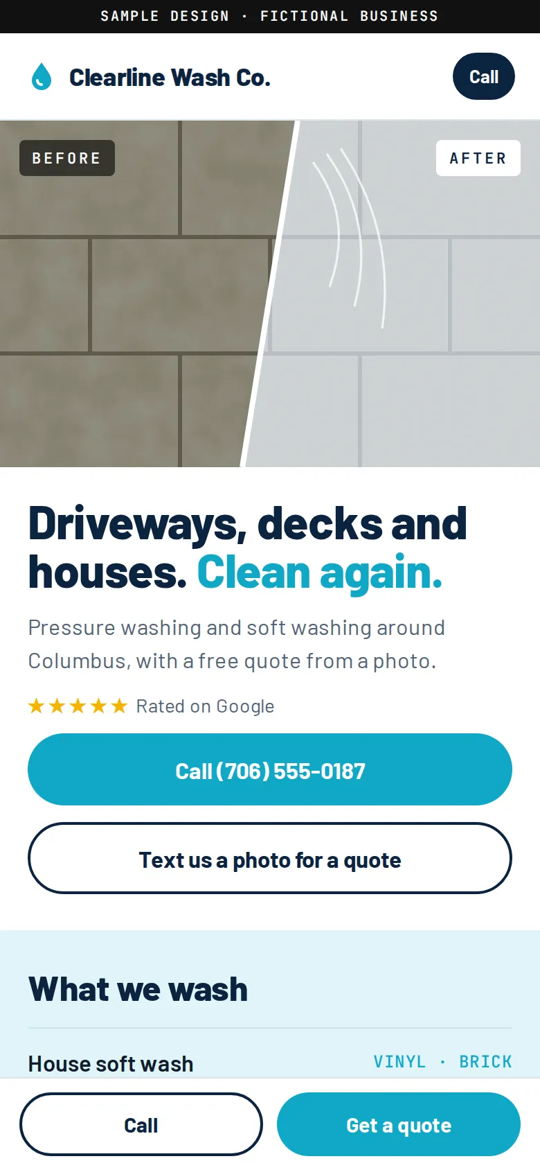 Sample website for a fictional pressure washing company with a before and after split image of dirty and clean pavers.